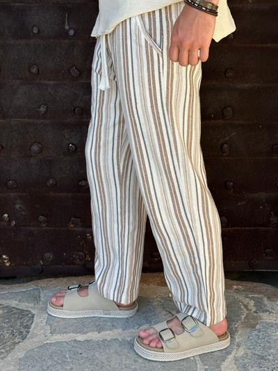 Çizgili Kahverengi %100 Pamuk Pantolon 