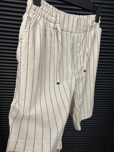 Çizgili Bel Lastikli %100 Cotton Şort - Siyah