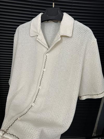 Çizgili Triko Patlı Kısa Kol Gömlek - Ekru