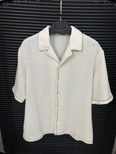 Çizgili Triko Patlı Kısa Kol Gömlek - Ekru