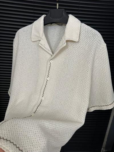 Çizgili Triko Patlı Kısa Kol Gömlek - Ekru