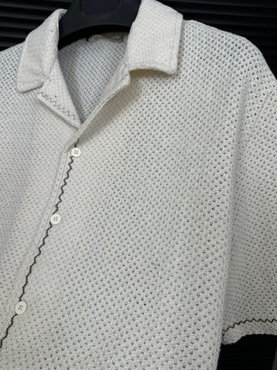 Çizgili Triko Patlı Kısa Kol Gömlek - Ekru