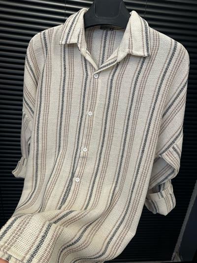 Çizgili Yakalı Keten Gömlek - Kahverengi