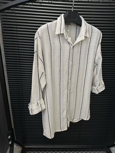 Çizgili Yakalı Keten Gömlek