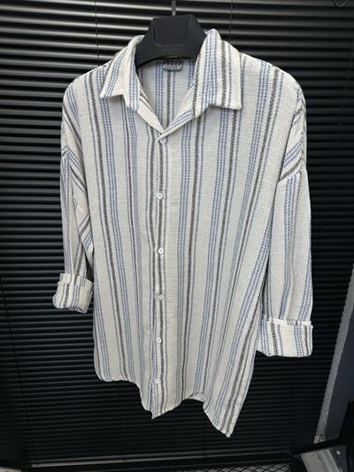 Çizgili Yakalı Keten Gömlek