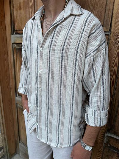 Çizgili Yakalı Keten Gömlek - Kahverengi