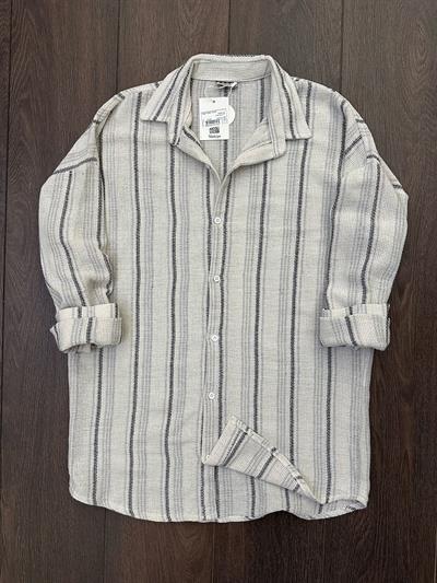 Çizgili Yakalı Keten Gömlek