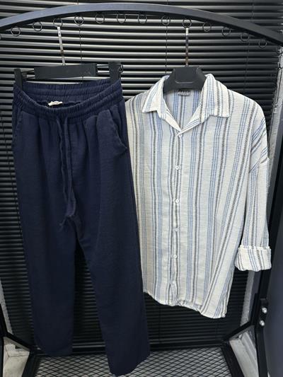 Çizgili Yakalı Keten Gömlek