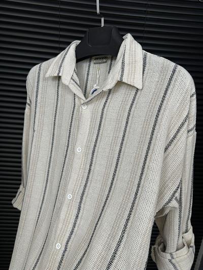 Çizgili Yakalı Keten Gömlek - Bej