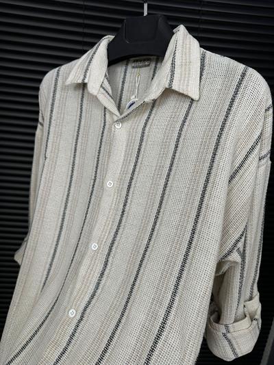 Çizgili Yakalı Keten Gömlek - Bej