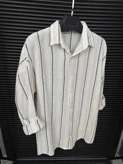 Çizgili Yakalı Keten Gömlek - Bej