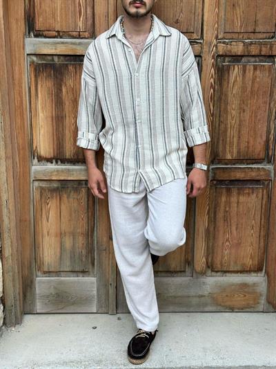 Çizgili Yakalı Keten Gömlek - Kahverengi