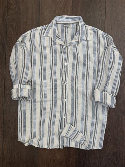 Çizgili Yakalı Keten Gömlek