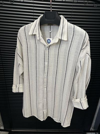 Çizgili Yakalı Keten Gömlek