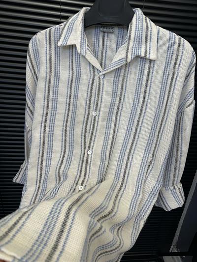 Çizgili Yakalı Keten Gömlek