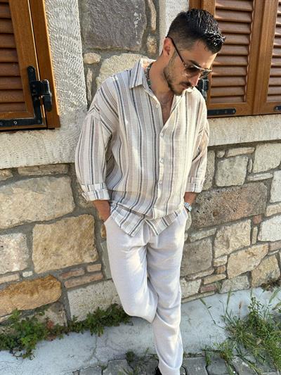 Çizgili Yakalı Keten Gömlek - Kahverengi