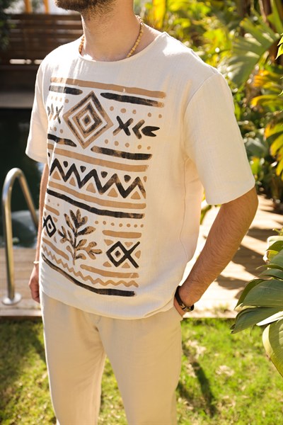 Dastar Etnik Baskılı Keten T-Shirt