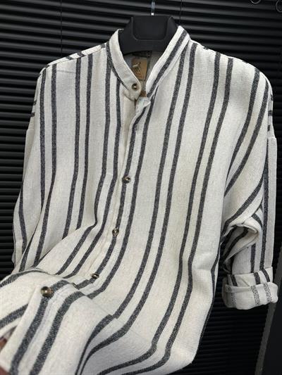 Double Face Çizgili Pamuk Keten Gömlek - Siyah