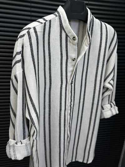 Double Face Çizgili Pamuk Keten Gömlek - Siyah