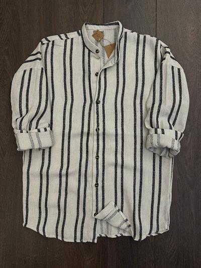 Double Face Çizgili Pamuk Keten Gömlek - Siyah