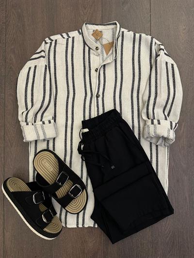 Double Face Çizgili Pamuk Keten Gömlek - Siyah