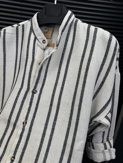 Double Face Çizgili Pamuk Keten Gömlek - Siyah