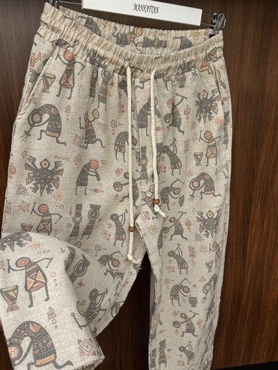 Etnik Desenli Keten Baggy Pantolon
