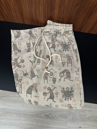 Etnik Desenli Keten Baggy Pantolon