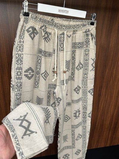 Etnik Desenli Keten Baggy Pantolon