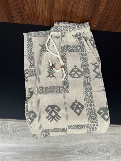 Etnik Desenli Keten Baggy Pantolon
