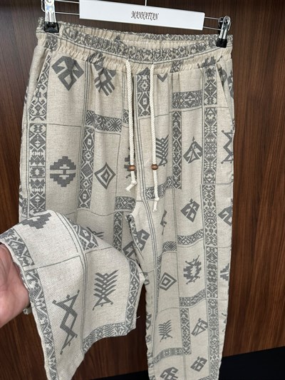 Etnik Desenli Keten Baggy Pantolon