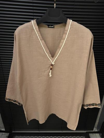 Hekabe İpli V Yaka Oversize Keten T-Shirt - Sütlü Kahve