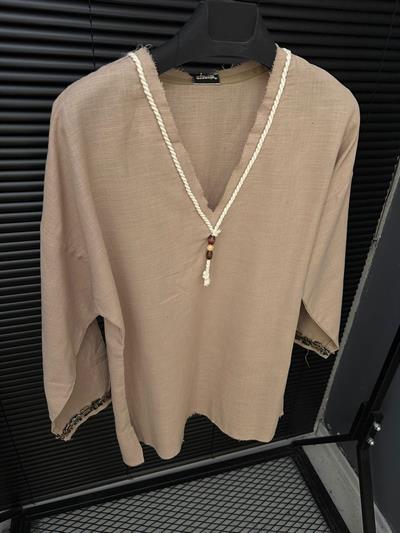 Hekabe İpli V Yaka Oversize Keten T-Shirt - Sütlü Kahve