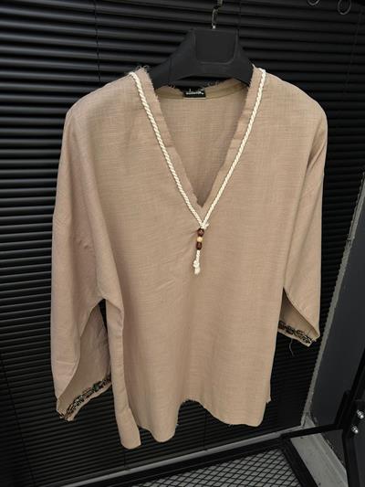 Hekabe İpli V Yaka Oversize Keten T-Shirt - Sütlü Kahve