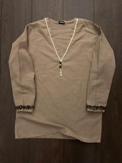 Hekabe İpli V Yaka Oversize Keten T-Shirt - Sütlü Kahve