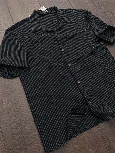 Kebe Çizgili Kısa Kollu Gömlek - Siyah