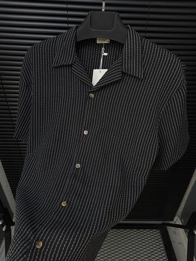 Kebe Çizgili Kısa Kollu Gömlek - Siyah