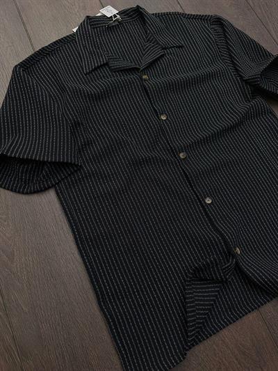 Kebe Çizgili Kısa Kollu Gömlek - Siyah