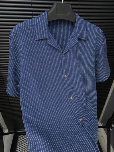 Kebe Çizgili Kısa Kollu Gömlek - Lacivert