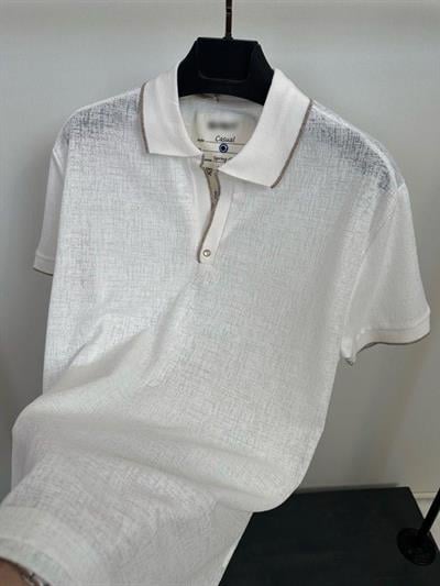 Kendinden Desenli Kontrast Yakalı Triko T-Shirt