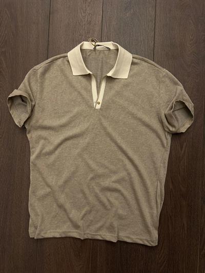 Kendinden Desenli Kontrast Yakalı Triko T-Shirt