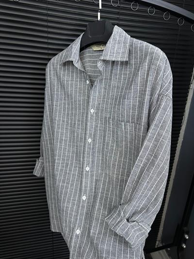 Linea Çizgili  Pamuk & Keten Gömlek - Antrasit