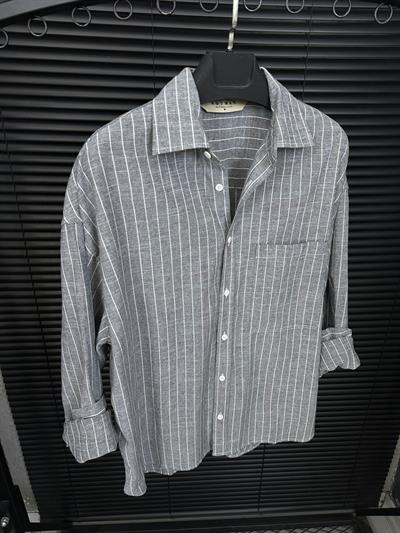 Linea Çizgili  Pamuk & Keten Gömlek - Antrasit