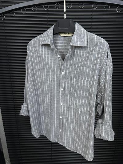 Linea Çizgili  Pamuk & Keten Gömlek - Antrasit