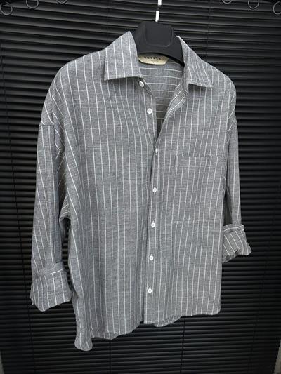 Linea Çizgili  Pamuk & Keten Gömlek - Antrasit