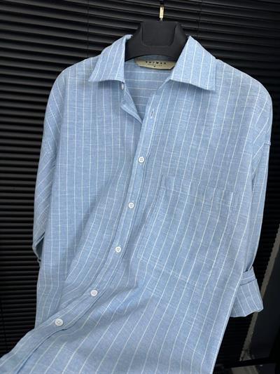 Linea Çizgili  Pamuk & Keten Gömlek - Mavi