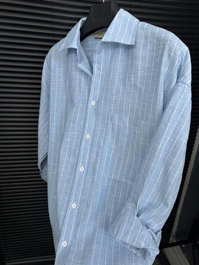 Linea Çizgili  Pamuk & Keten Gömlek - Mavi