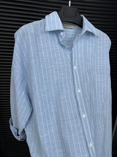 Linea Çizgili  Pamuk & Keten Gömlek - Mavi