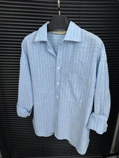 Linea Çizgili  Pamuk & Keten Gömlek - Mavi