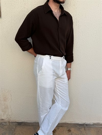 Lyon Çift Düğme Detaylı Keten Pantolon